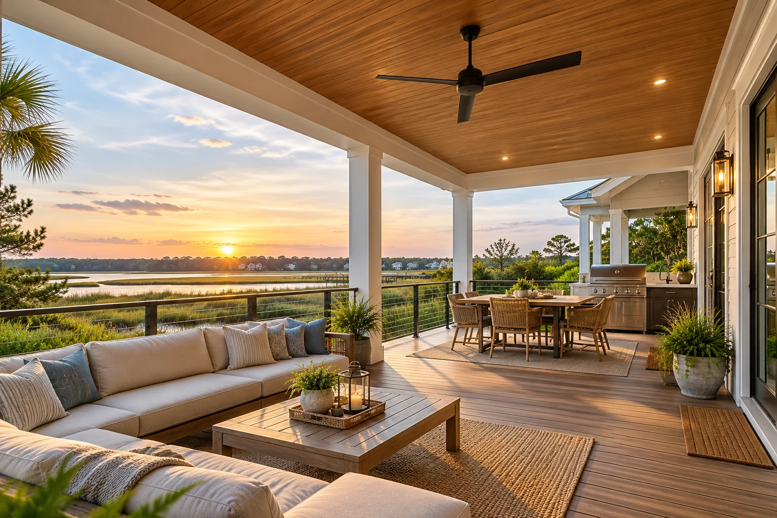 Covered outdoor room with kitchen, dining and lounge areas