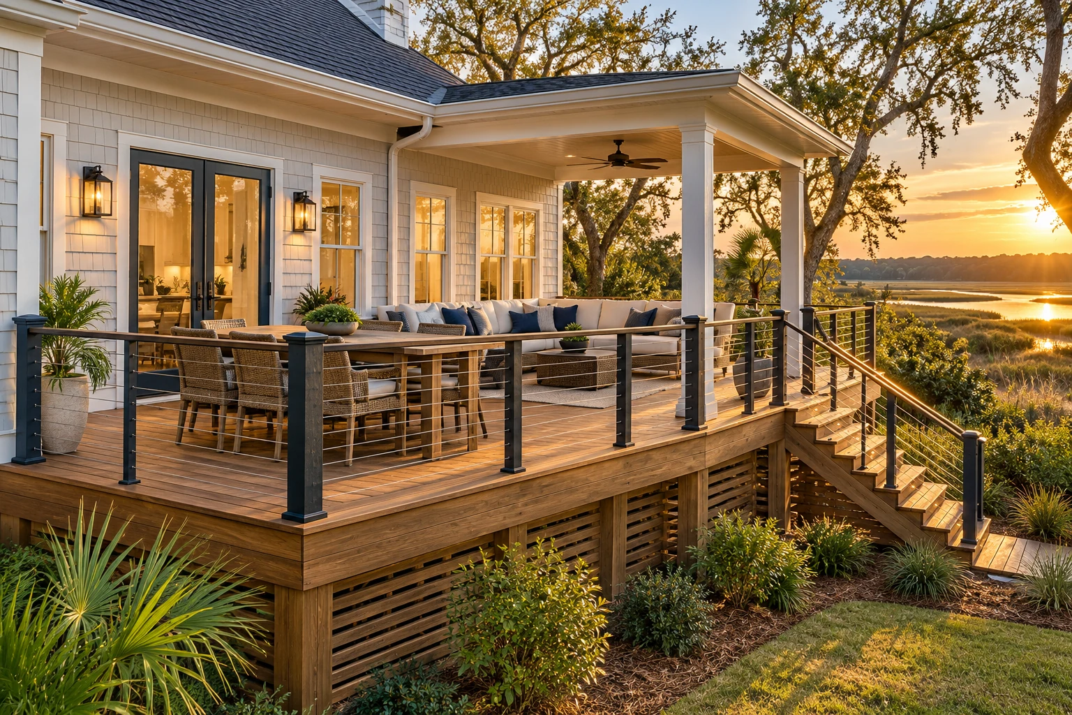 Open-air elevated deck overlooking a coastal marsh